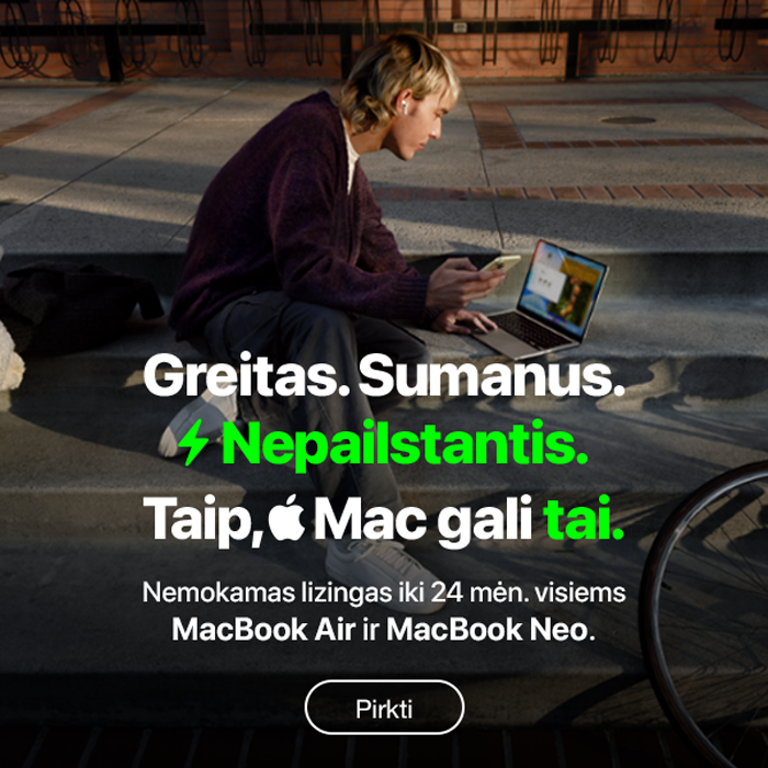 Nemokamas lizingas iki 24 mėn. visiems MacBook Air ir MacBook Neo.
